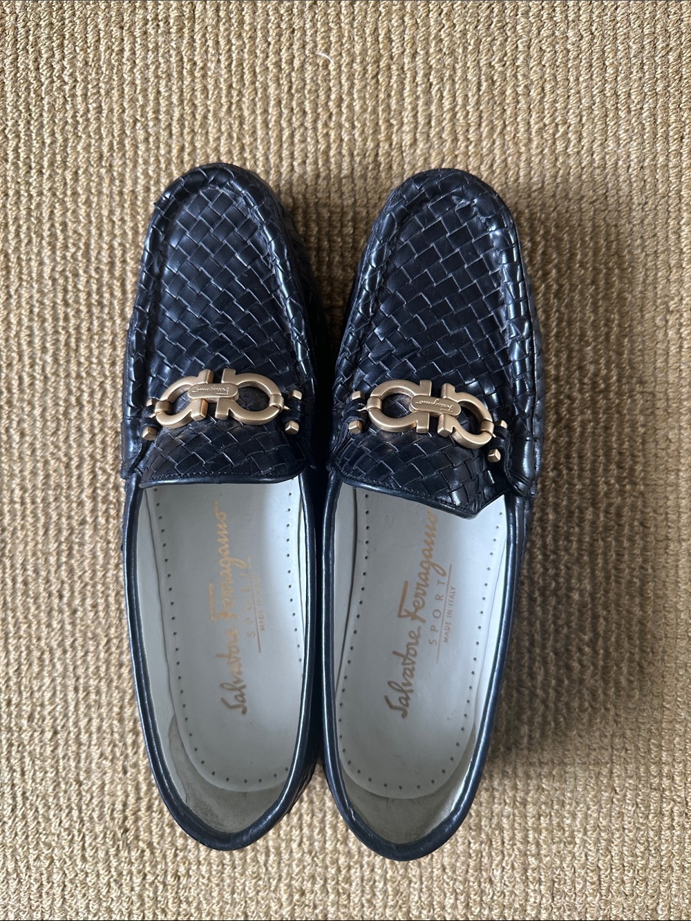 Salvatore Ferragamo Black Woven Leather Loafers with Gold Bit